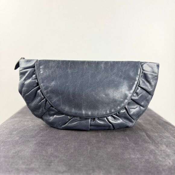 70s 80s Vintage Half Moon Navy Ruched Genuine Leather Clutch Purse | Hong Kong - Picture 1 of 12